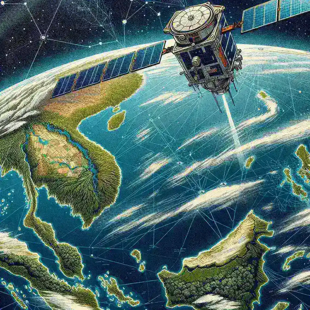 "Micro-satellite technology development for monitoring Indonesia's natural resources, showcasing satellite deployment and environmental data collection."