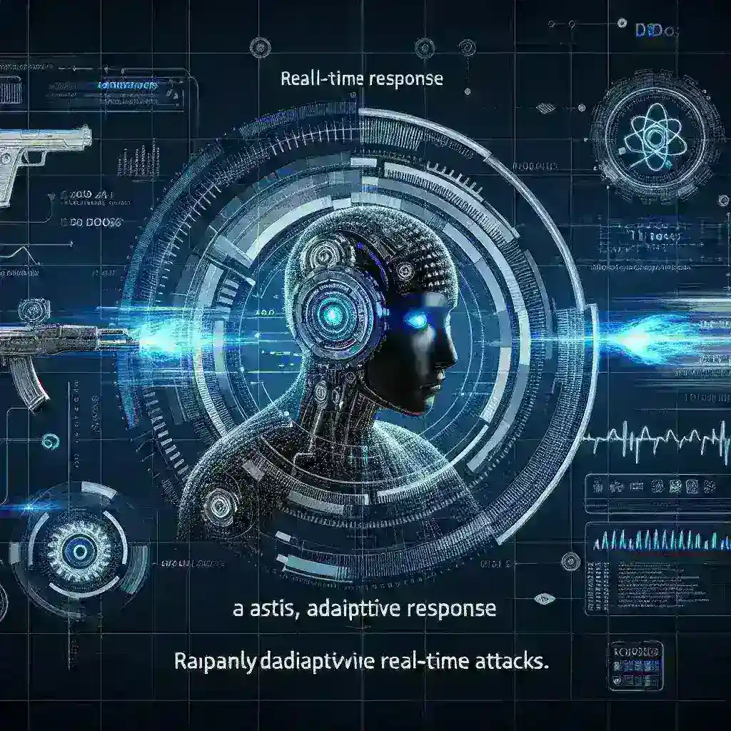 "Ilustrasi penyerangan DDoS yang cepat beradaptasi oleh aktor ancaman dengan teknologi AI, menggambarkan jaringan serangan siber yang kompleks dan dinamis."