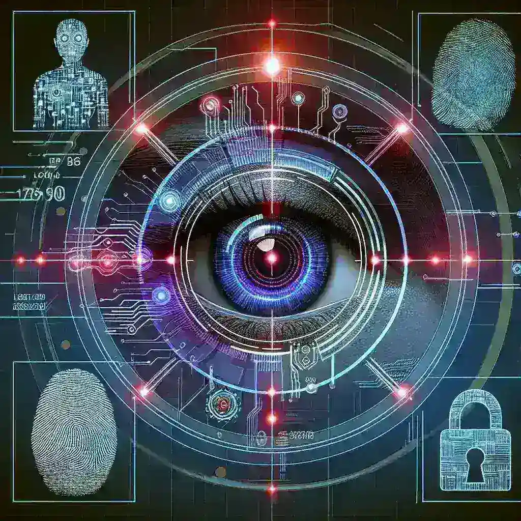 "Ilustrasi lensa AI yang mencolok, menyoroti potensi risiko pencurian data biometrik di masa depan, dengan latar belakang tema teknologi canggih dan privasi digital."
