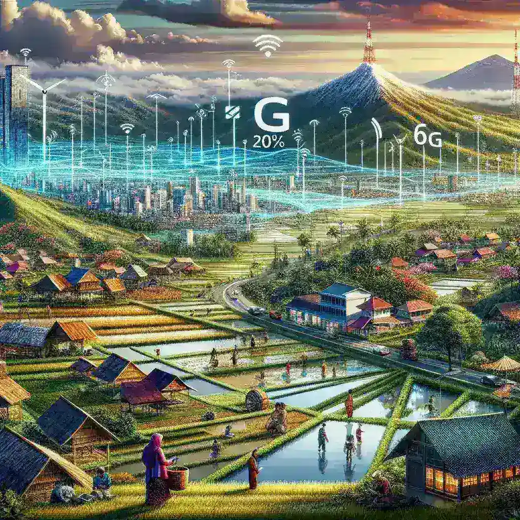 "Ilustrasi peta Indonesia menampilkan wilayah yang dijangkau 5G, menyoroti target pemerintah untuk mencapai 80% cakupan jaringan 5G pada akhir 2026."